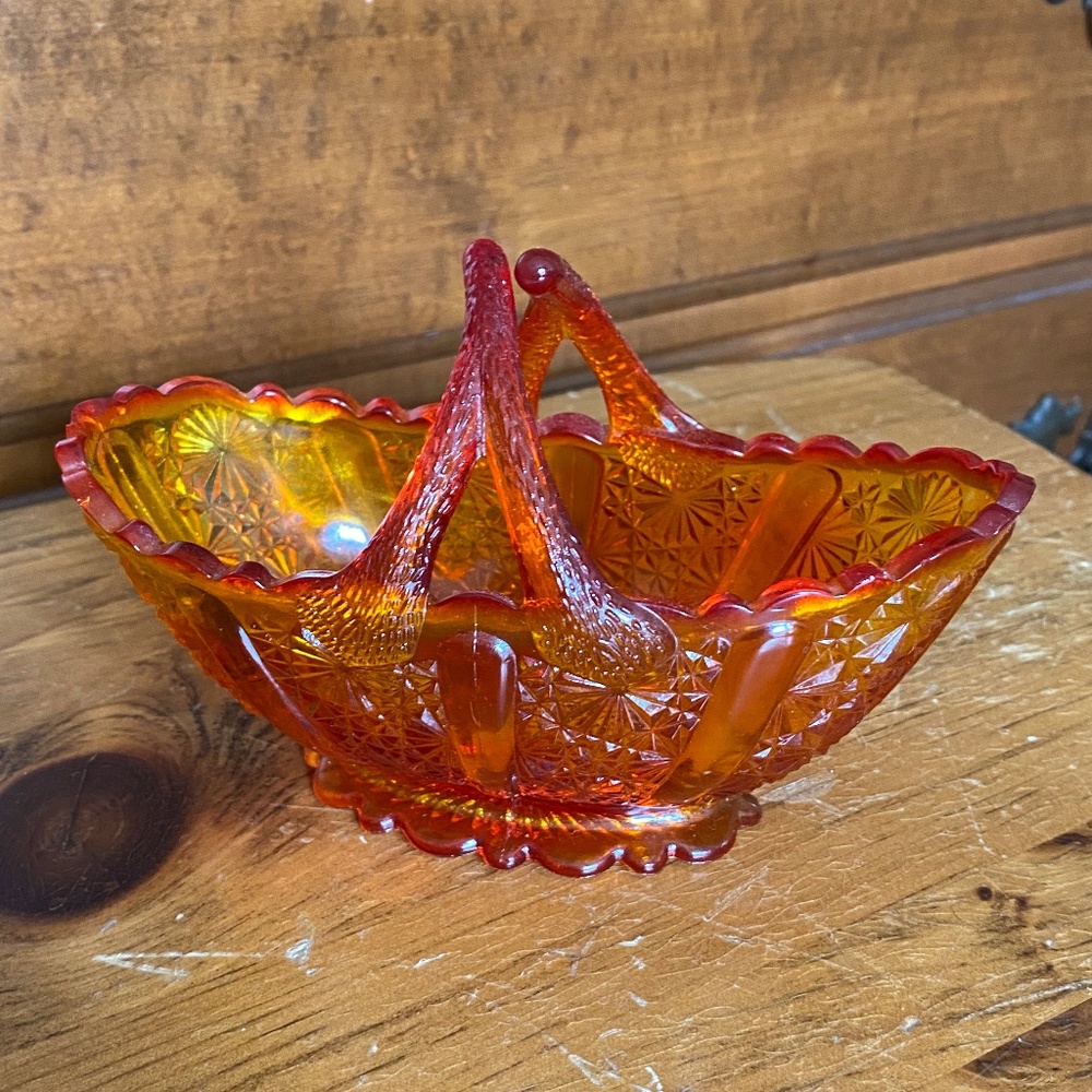Vintage Fenton Amberina Glass Basket Split Twig Handle Candy Dish Bowl